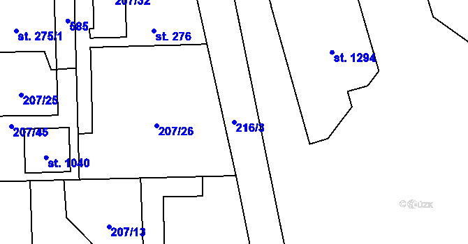 Parcela st. 216/3 v KÚ Horoměřice, Katastrální mapa