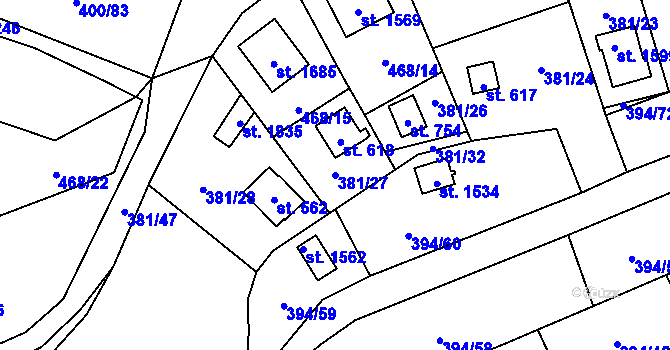 Parcela st. 381/27 v KÚ Horoměřice, Katastrální mapa