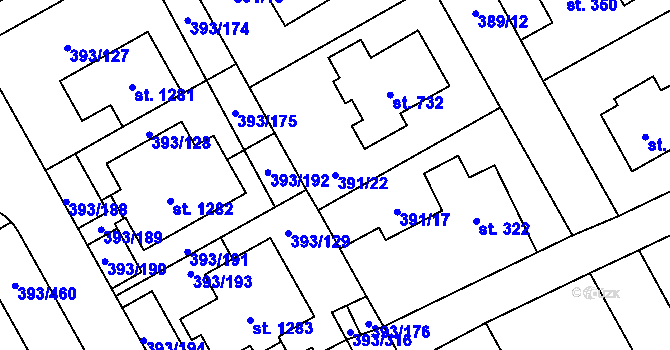 Parcela st. 391/22 v KÚ Horoměřice, Katastrální mapa