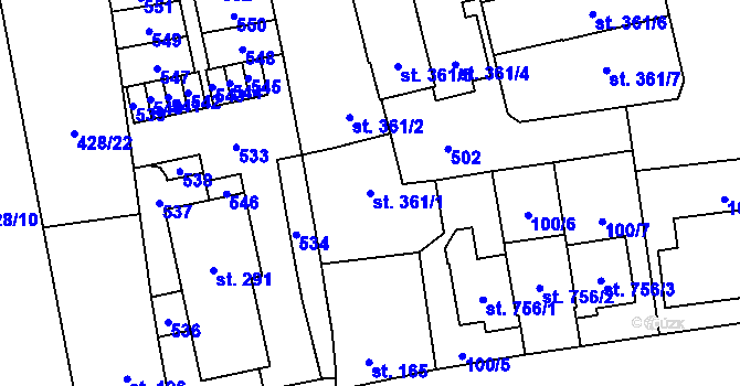 Parcela st. 361/1 v KÚ Horoměřice, Katastrální mapa