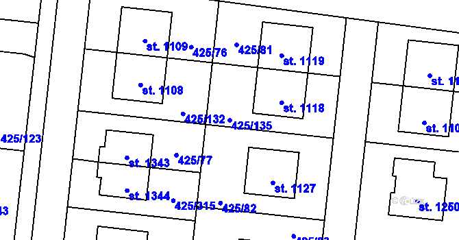 Parcela st. 425/135 v KÚ Horoměřice, Katastrální mapa