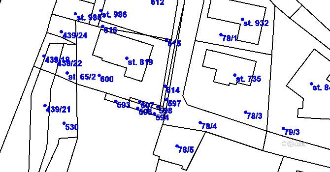 Parcela st. 614 v KÚ Horoměřice, Katastrální mapa