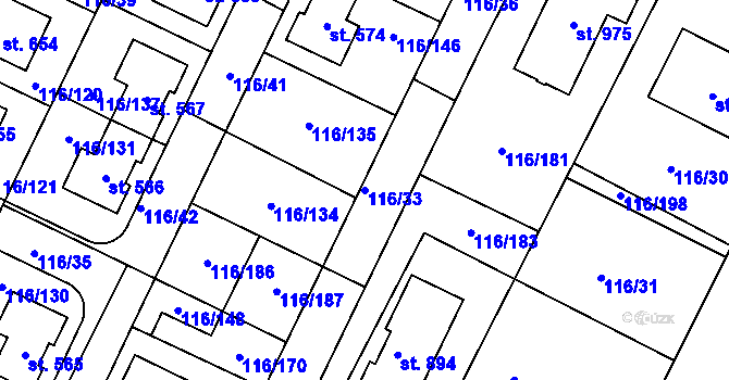 Parcela st. 116/33 v KÚ Horoušany, Katastrální mapa