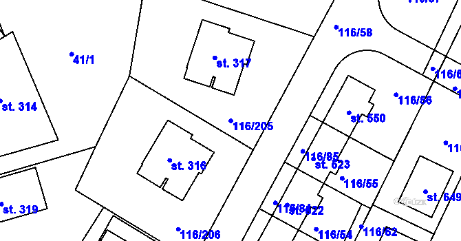 Parcela st. 116/205 v KÚ Horoušany, Katastrální mapa