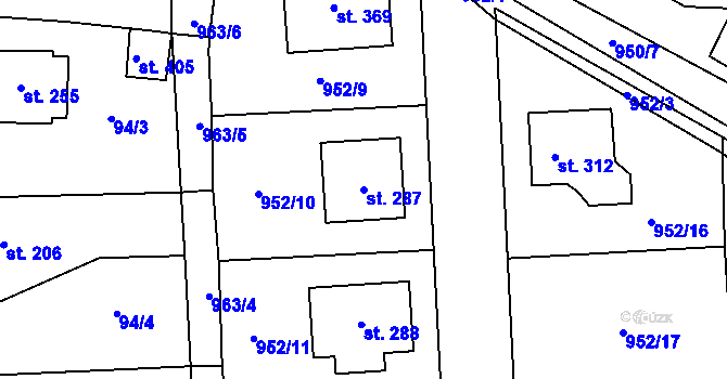 Parcela st. 287 v KÚ Hořátev, Katastrální mapa