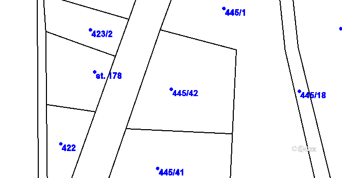 Parcela st. 445/42 v KÚ Hořátev, Katastrální mapa