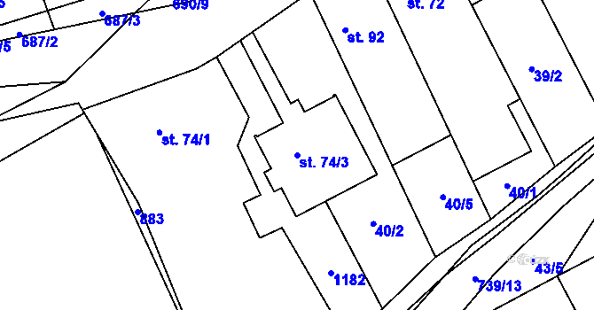 Parcela st. 74/3 v KÚ Hořešovice, Katastrální mapa