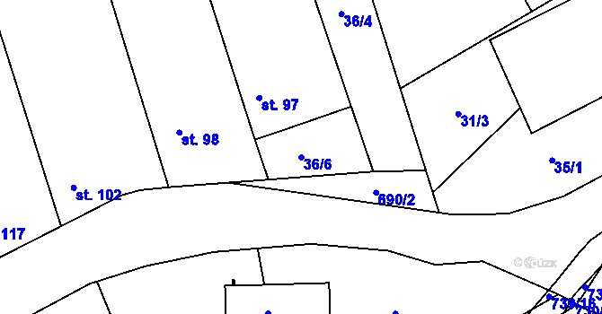 Parcela st. 36/6 v KÚ Hořešovice, Katastrální mapa
