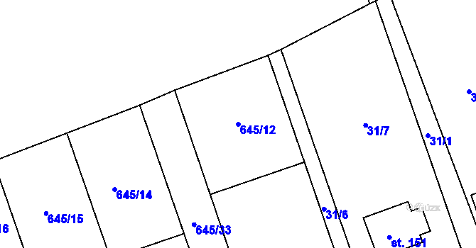 Parcela st. 645/12 v KÚ Hořešovice, Katastrální mapa