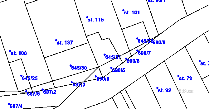 Parcela st. 645/31 v KÚ Hořešovice, Katastrální mapa
