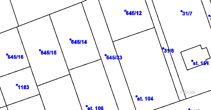 Parcela st. 645/33 v KÚ Hořešovice, Katastrální mapa
