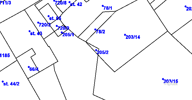 Parcela st. 205/2 v KÚ Hořešovice, Katastrální mapa
