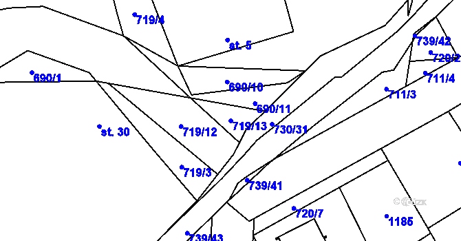 Parcela st. 719/13 v KÚ Hořešovice, Katastrální mapa