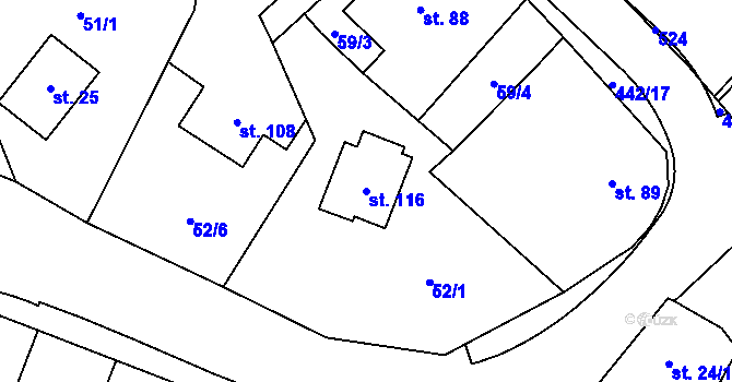 Parcela st. 116 v KÚ Hořičky, Katastrální mapa