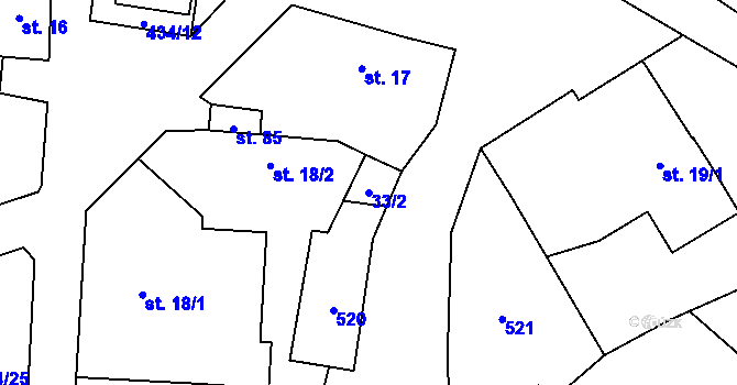 Parcela st. 33/2 v KÚ Hořičky, Katastrální mapa