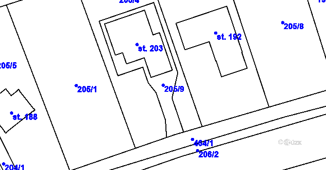 Parcela st. 205/9 v KÚ Hořičky, Katastrální mapa