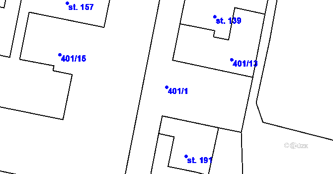 Parcela st. 401/1 v KÚ Hořiněves, Katastrální mapa