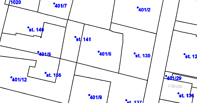 Parcela st. 401/5 v KÚ Hořiněves, Katastrální mapa
