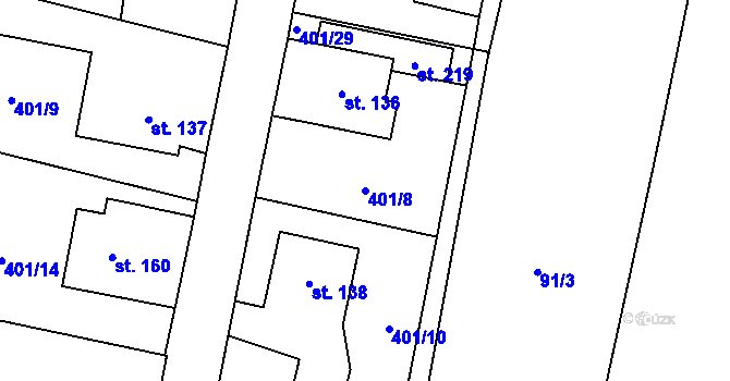 Parcela st. 401/8 v KÚ Hořiněves, Katastrální mapa
