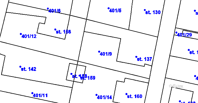 Parcela st. 401/9 v KÚ Hořiněves, Katastrální mapa