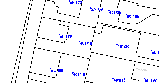 Parcela st. 401/16 v KÚ Hořiněves, Katastrální mapa
