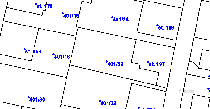 Parcela st. 401/33 v KÚ Hořiněves, Katastrální mapa