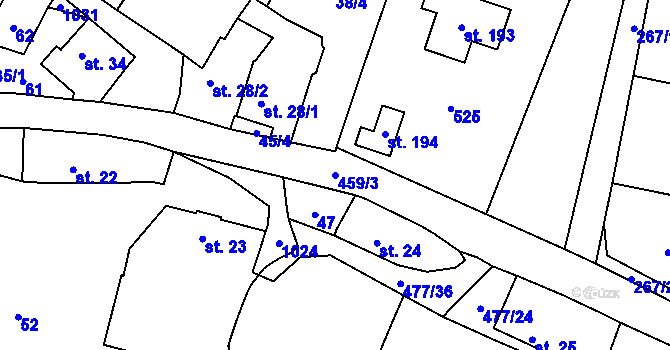 Parcela st. 459/3 v KÚ Hořiněves, Katastrální mapa