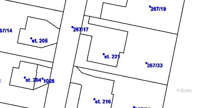 Parcela st. 221 v KÚ Hořiněves, Katastrální mapa