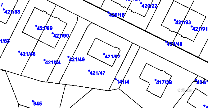 Parcela st. 421/92 v KÚ Hosín, Katastrální mapa