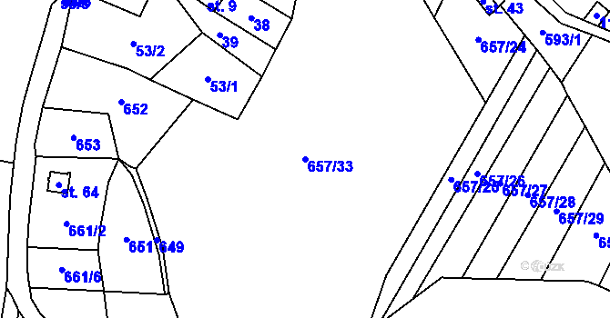 Parcela st. 657/33 v KÚ Hodějov, Katastrální mapa
