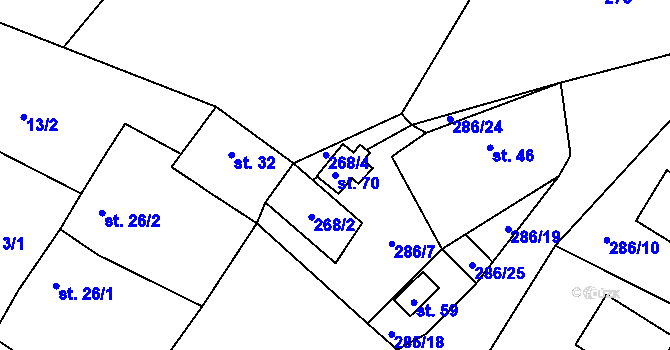 Parcela st. 70 v KÚ Hodějov, Katastrální mapa
