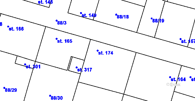Parcela st. 174 v KÚ Hospozín, Katastrální mapa