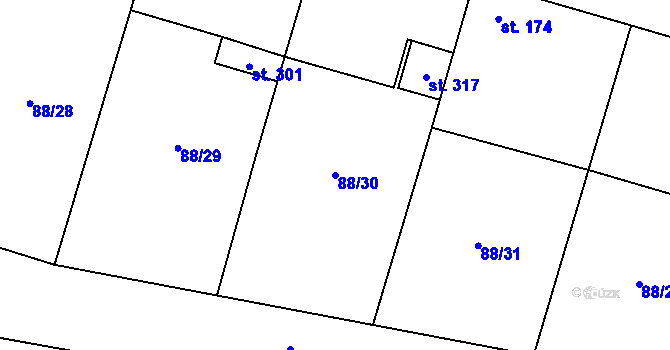 Parcela st. 88/30 v KÚ Hospozín, Katastrální mapa