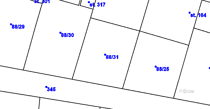 Parcela st. 88/31 v KÚ Hospozín, Katastrální mapa