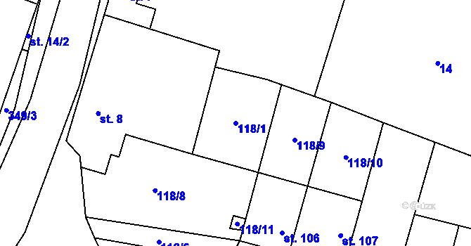 Parcela st. 118/1 v KÚ Hospozín, Katastrální mapa