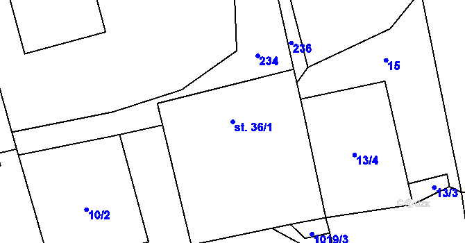 Parcela st. 36/1 v KÚ Kačlehy, Katastrální mapa