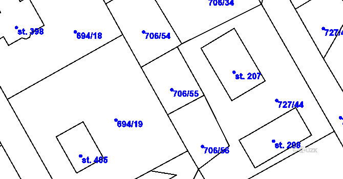 Parcela st. 706/55 v KÚ Hostašovice, Katastrální mapa