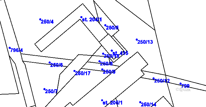 Parcela st. 250/18 v KÚ Hostašovice, Katastrální mapa