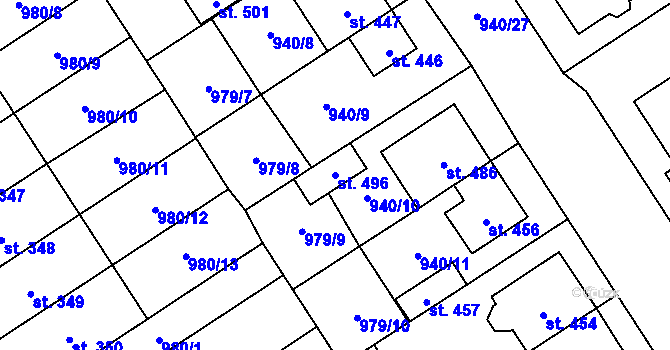Parcela st. 496 v KÚ Hostěrádky, Katastrální mapa