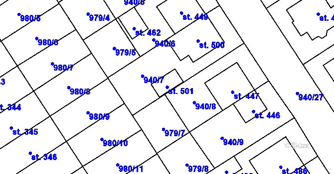 Parcela st. 501 v KÚ Hostěrádky, Katastrální mapa