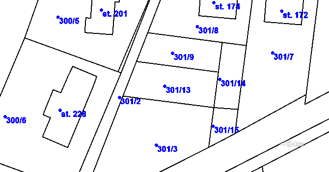 Parcela st. 301/13 v KÚ Hostišová, Katastrální mapa