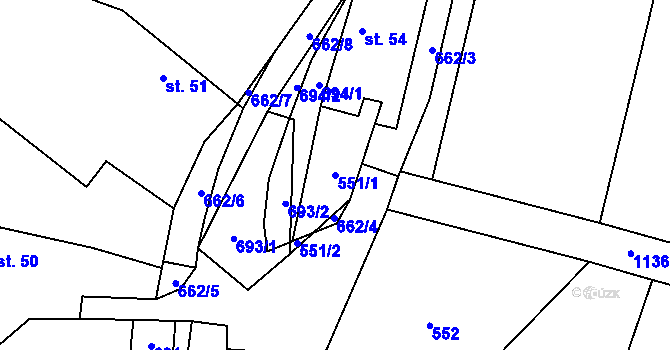 Parcela st. 551/1 v KÚ Podruhlí, Katastrální mapa