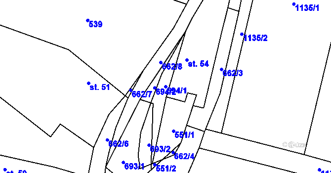 Parcela st. 694/1 v KÚ Podruhlí, Katastrální mapa