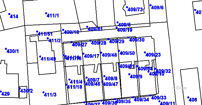 Parcela st. 409/48 v KÚ Hostivice, Katastrální mapa