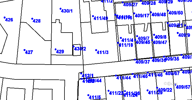 Parcela st. 411/3 v KÚ Hostivice, Katastrální mapa