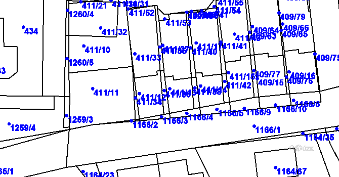 Parcela st. 411/13 v KÚ Hostivice, Katastrální mapa