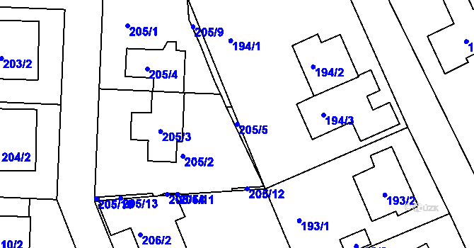 Parcela st. 205/5 v KÚ Hostivice, Katastrální mapa