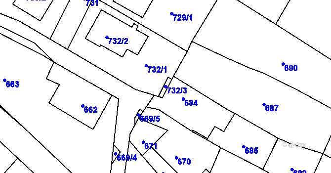 Parcela st. 732/3 v KÚ Hostomice pod Brdy, Katastrální mapa