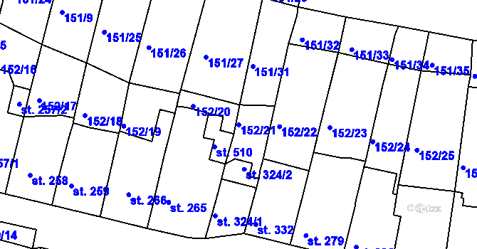 Parcela st. 152/21 v KÚ Hostomice nad Bílinou, Katastrální mapa