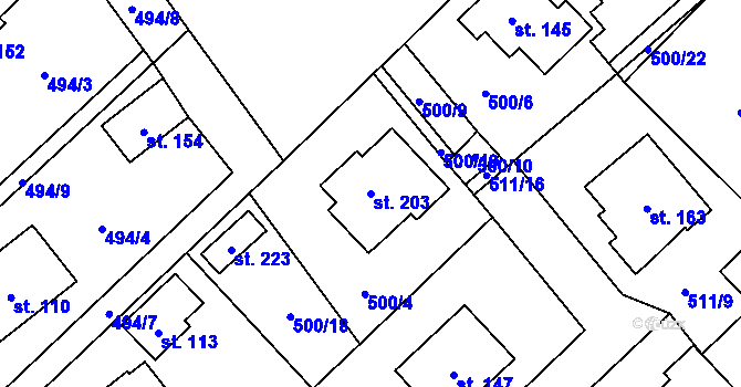 Parcela st. 203 v KÚ Hostovice u Pardubic, Katastrální mapa